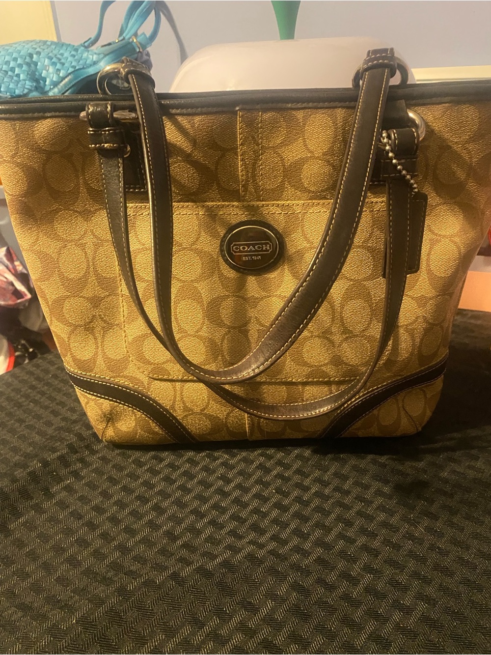Coach Signature Logo Zip Top Tote Brown/Beige Double Handles, Lined Pockets
